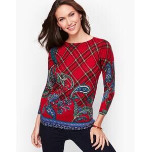 Talbots Plus Petite 3XP Merino Wool Sweater Red Plaid Paisley Holiday Christmas